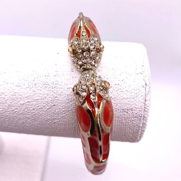 Vtg Chicos Enamel Orange Bangle Bracelet Rhinestones Head kissing Fishes size 7 - Picture 3 of 8